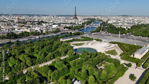 Tuileries Gardens At Paris Ile De France In France. La Concorde Square Obelisk. Paris Skyline Scene. Tuileries Gardens At Paris In Ile De France France. Tuileries Fountain. Tourism Landmark.