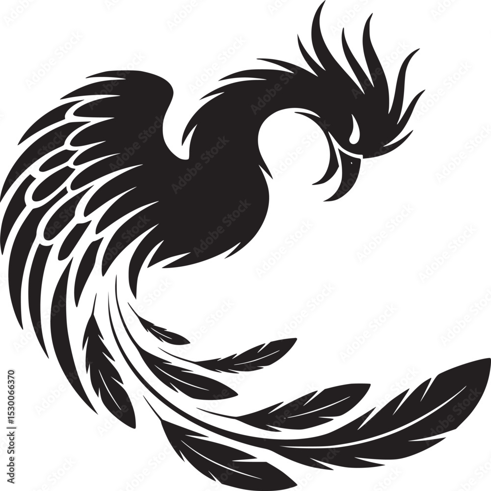 Obraz premium A stylized black phoenix bird with detailed feathers on a white background in a graphic design style