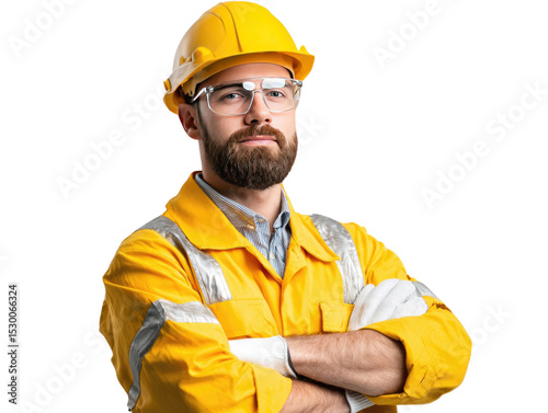 Confident Construction Worker: A skilled construction worker, radiating confidence and expertise, poses in protective gear, ready to tackle any challenge.