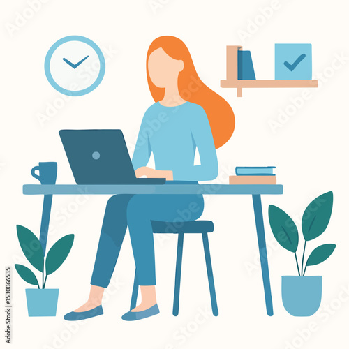 Flat Illustration Woman Working at Desk with Laptop in Home Office Environment