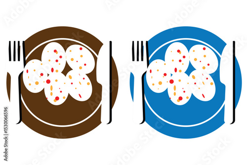 Fork, knife, food and plate set icons.  Menu symbol. Tableware instruments.