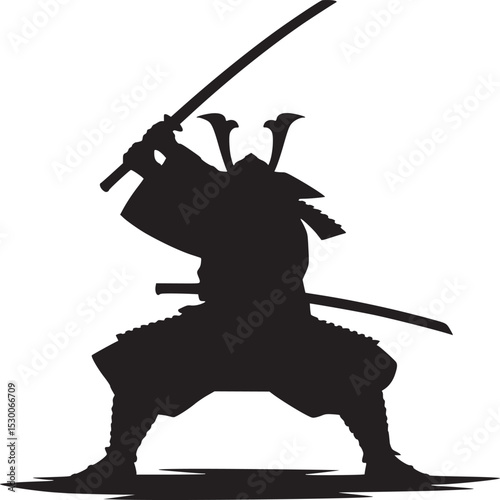 Silhouette of a samurai warrior in battle stance holding a katana sword high above his head in black and white