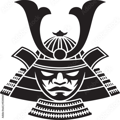 A black and white graphic design of a samurai warrior helmet with facial features and armor details