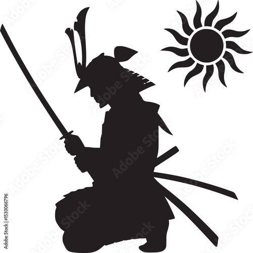 Silhouette of kneeling samurai holding katana with sun graphic on a white background design style