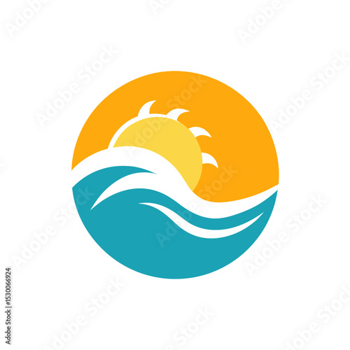 Vibrant Rising Sun Behind Splash Wave Circle Logo Icon Design