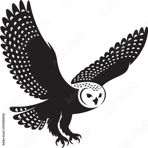 A striking black and white illustration of an owl in flight with intricate feather details and sharp talons