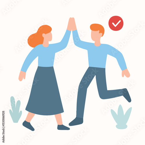Flat Illustration Man and Woman Giving High Five Achievement Together