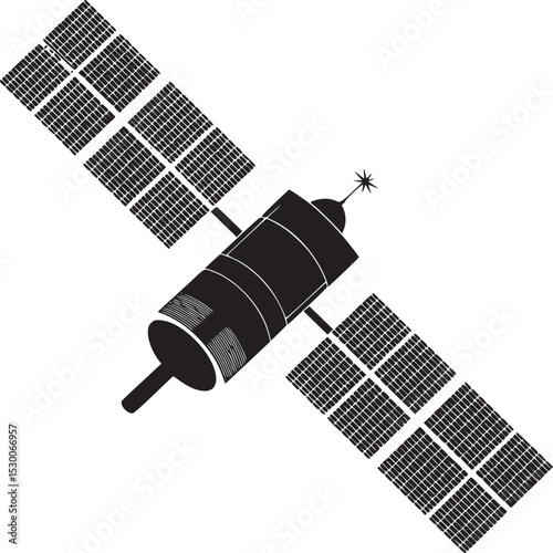 Illustration of a satellite with solar panels and antenna in black and white on a white background