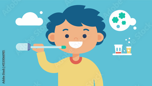 A young child using a smart toothbrush with a builtin timer and game feature encouraging healthy brushing habits and promoting overall brain health.. Vector illustration