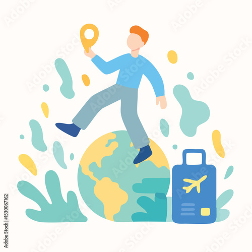 Flat Illustration of Travel Man Stands on Globe with Suitcase