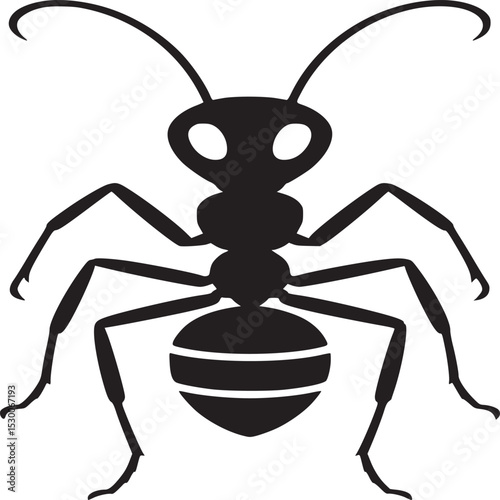 Black silhouette of an ant with six legs and two antennae on a white background simple illustration