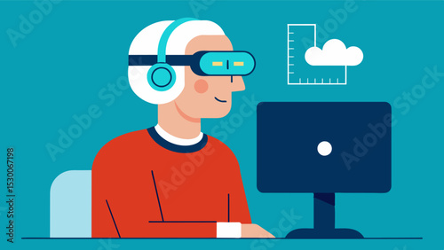 An elderly man is shown wearing a monitor on his head while performing tasks on a computer. The monitor uses sensors to measure brain waves and can provide information about a. Vector illustration
