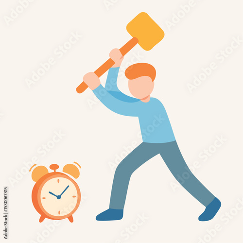 Flat Illustration of Man Destroying Alarm Clock with a Rubber Hammer Concept