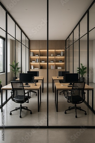 Modern minimalist office interior with wooden desks, black mesh chairs, computers, glass partitions, and built-in shelving, creating a clean and professional workspace environment

