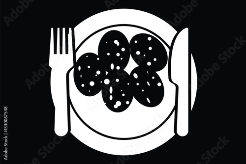 Fork, knife, food and plate set icons.  Menu symbol. Tableware instruments.
