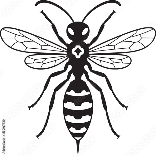 A stylized black and white illustration of a wasp with detailed wings and striped abdomen design vector