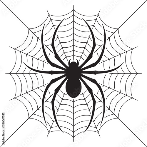 A graphic illustration of a black spider centered in a white spiderweb against a white background