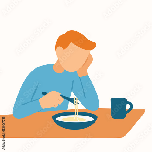 Flat Style Illustration of Person Eating Spaghetti At Home Meal