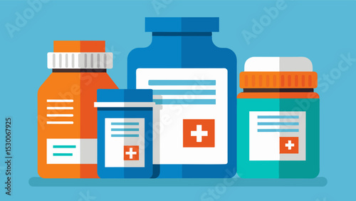 Medication Labels Prescription medication bottles with large easytoread labels detailing the name of the medication dosage and instructions for use.. Vector illustration