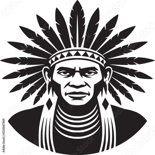 Black and white illustration of a native american man wearing a feathered headdress and neck accessories