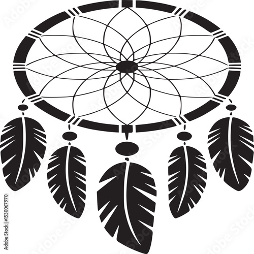 Illustration of a dreamcatcher with feathers and intricate web design in black and white color scheme