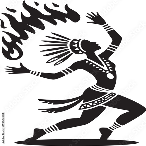 Stylized native american dancer in silhouette with headdress and flames in a dynamic pose image