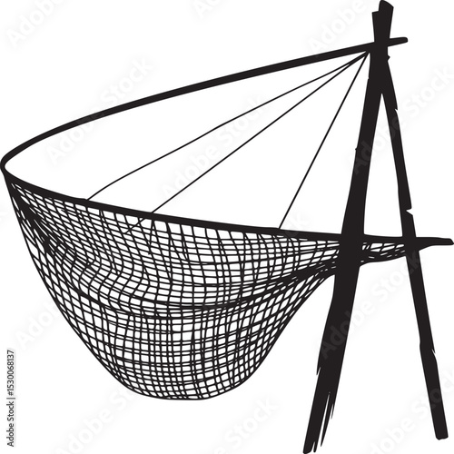 A black and white sketch of a hammock supported by a wooden frame on a white background illustration