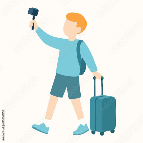 Flat Color Tourist Man with Suitcase and Camera Travelling Character