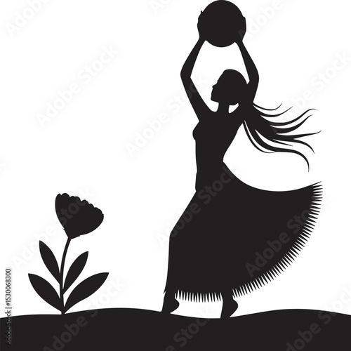 Silhouette of a woman holding a ball above her head next to a flower on a white background art