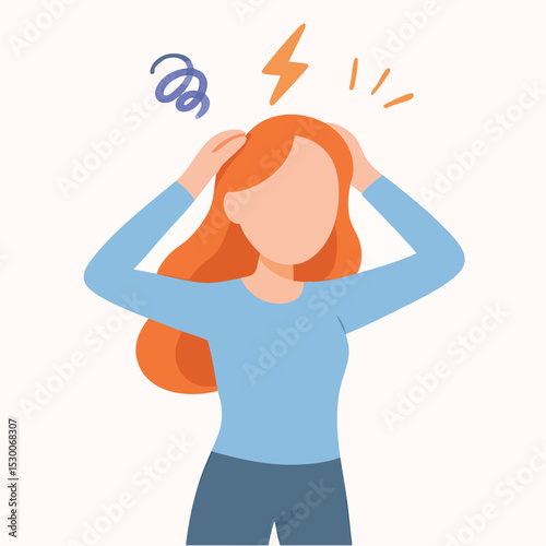 Flat Illustration of Woman with Headache and Lightning Bolt Problem Illustration