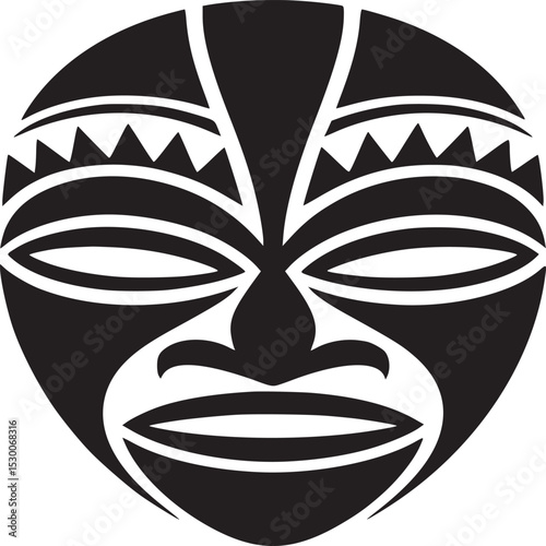 A stylized black and white tribal mask with geometric patterns and facial features illustration art
