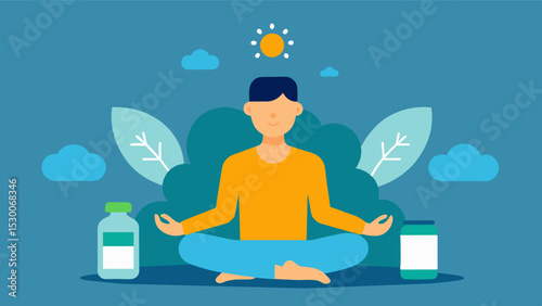 An illustration of a person meditating or practicing mindfulness with a bottle of brain health supplements in the background suggesting that these supplements can work in synergy. Vector illustration