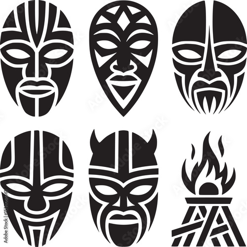 Illustration of six black and white tribal masks and one torch with flames on a white background