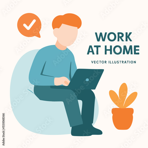 Flat Design Man Working on Laptop at Home Illustration Scene