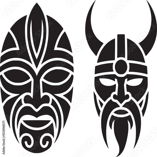 Two black and white stylized masks one with horns and one with tribal patterns isolated on white