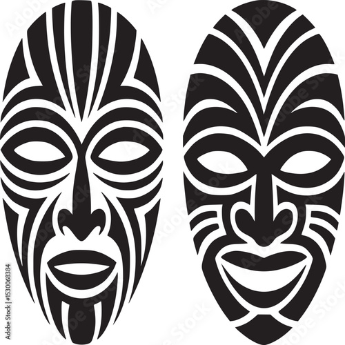 Two tribal masks with intricate black designs on a white background side by side graphic illustration