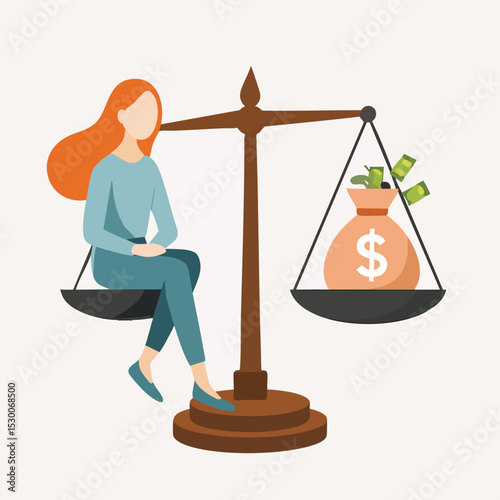 Flat Illustration Woman Balancing Money Bag on Scales Depicting Financial Stability