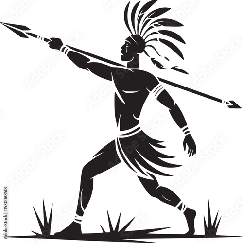 Silhouette of native american warrior throwing spear with headdress and tribal attire in black and white