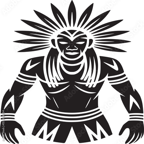 Stylized black and white illustration of a tribal warrior with a feathered headdress and body markings