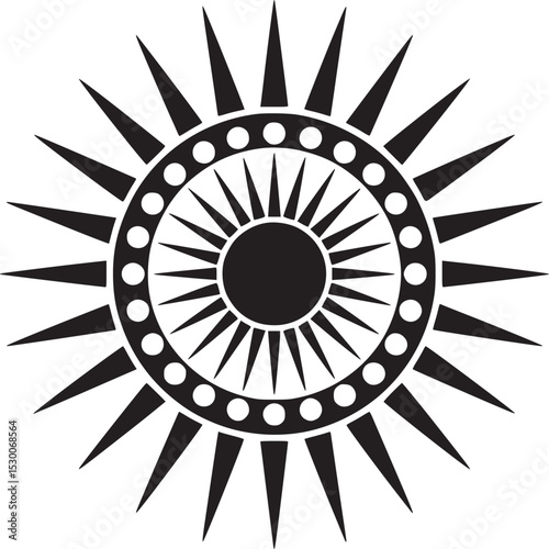 A black and white sunburst design with circles and sharp points radiating from the central circle