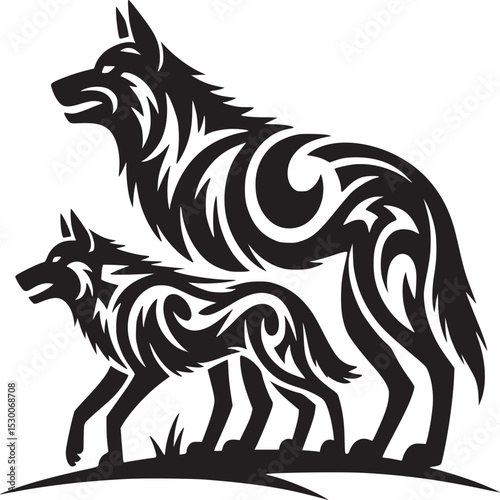 Two wolves walking side by side with tribal patterns in black and white on a white background design