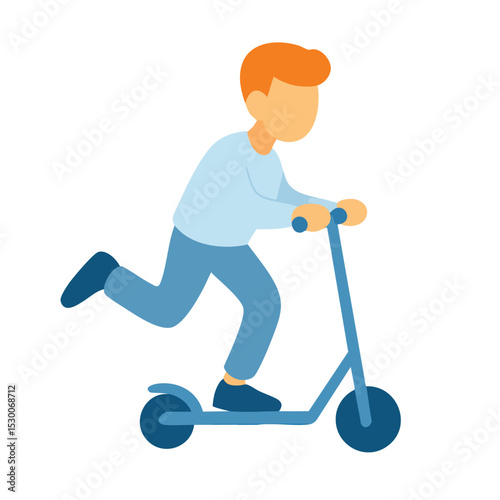 Flat Style Young Boy Riding Scooter Activity Transportation Illustration