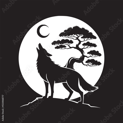 Silhouette of wolf howling at the moon next to a bonsai tree in a black and white illustration