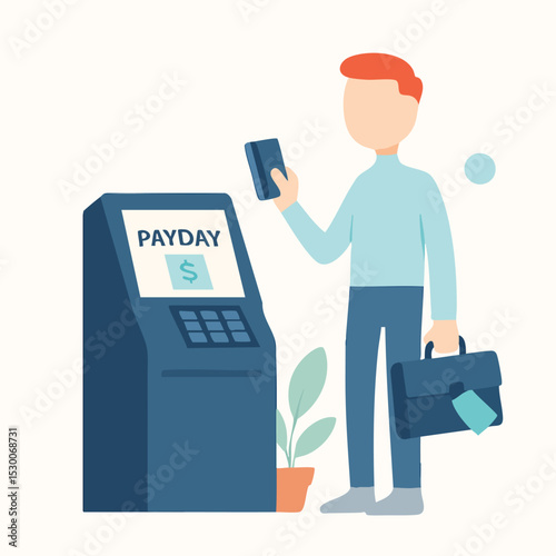 Flat Illustration of Man Using Automated Teller Machine for Payday