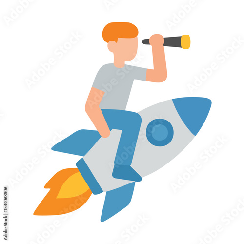 Flat Illustration of a Man Riding a Rocket with Telescope Looking Ahead
