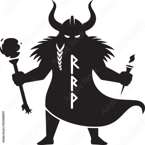 Silhouette of horned viking holding torch and staff with runes on cloak in black and white design