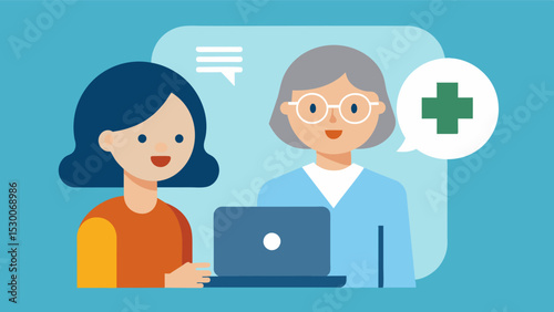 An illustration of a virtual avatar of a healthcare professional offering advice and guidance to a caregiver with a caption that reads Virtual caregiver support from trained. Vector illustration