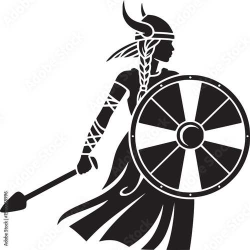 Black silhouette of a female viking warrior with spear and shield on a white background art