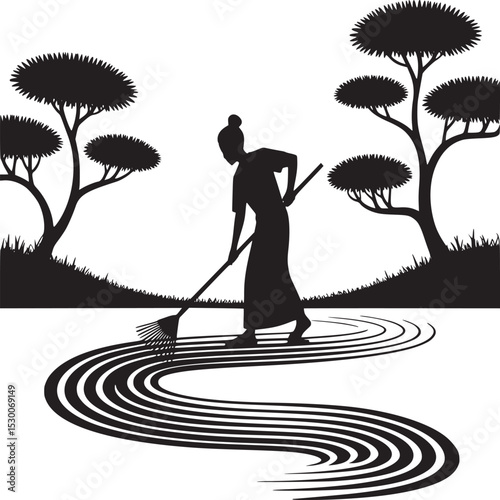 Silhouette of woman raking zen garden with trees and wavy lines in black and white illustration