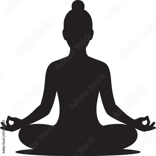 Silhouette of a woman in lotus position meditating with hands in mudra against a white background